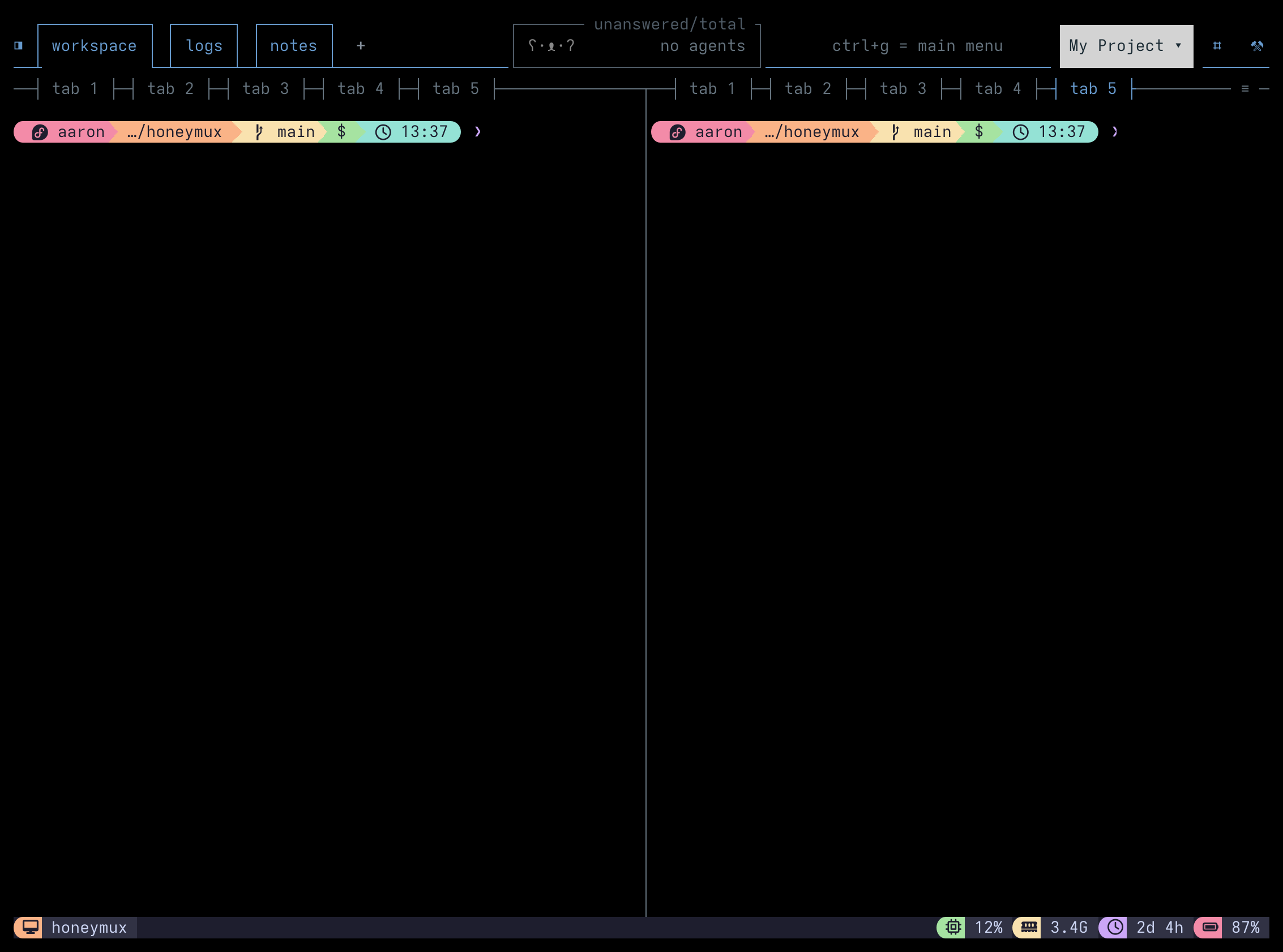 Two tmux panes split vertically, each hosting five pane tabs labeled tab 1 through tab 5