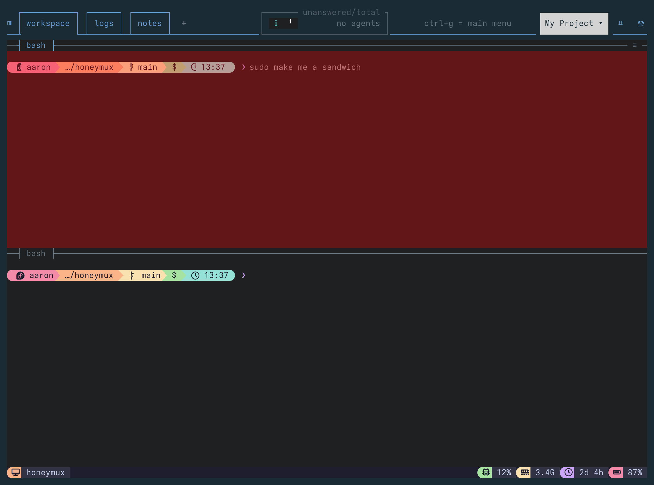 Two tmux panes tinted red to indicate their foreground process is running as root