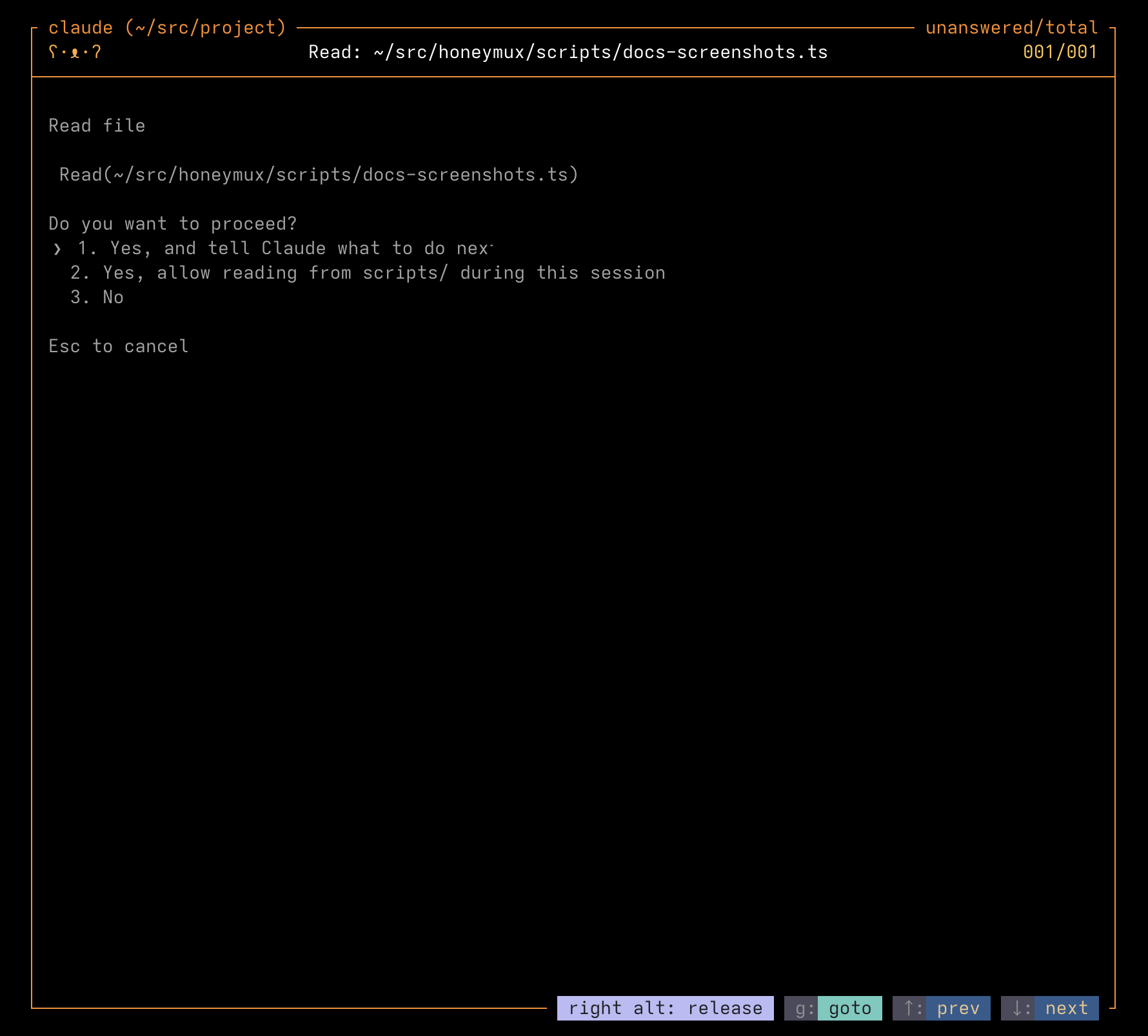 Mux-o-Tron latched into interactive review mode with dimmed hotkey prefixes