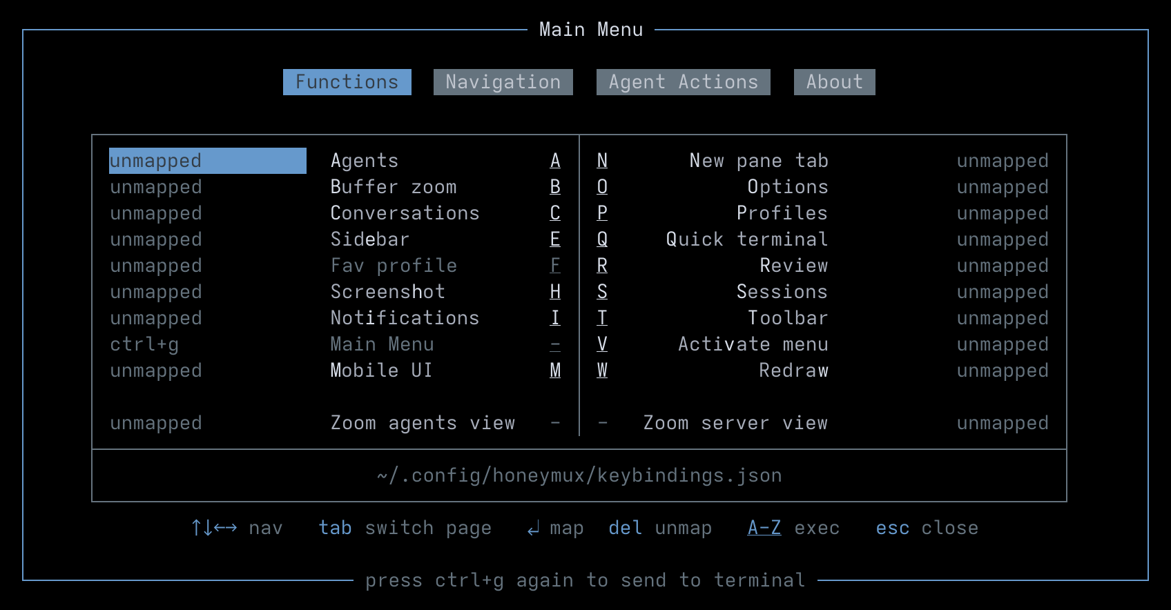 Main menu: Functions tab