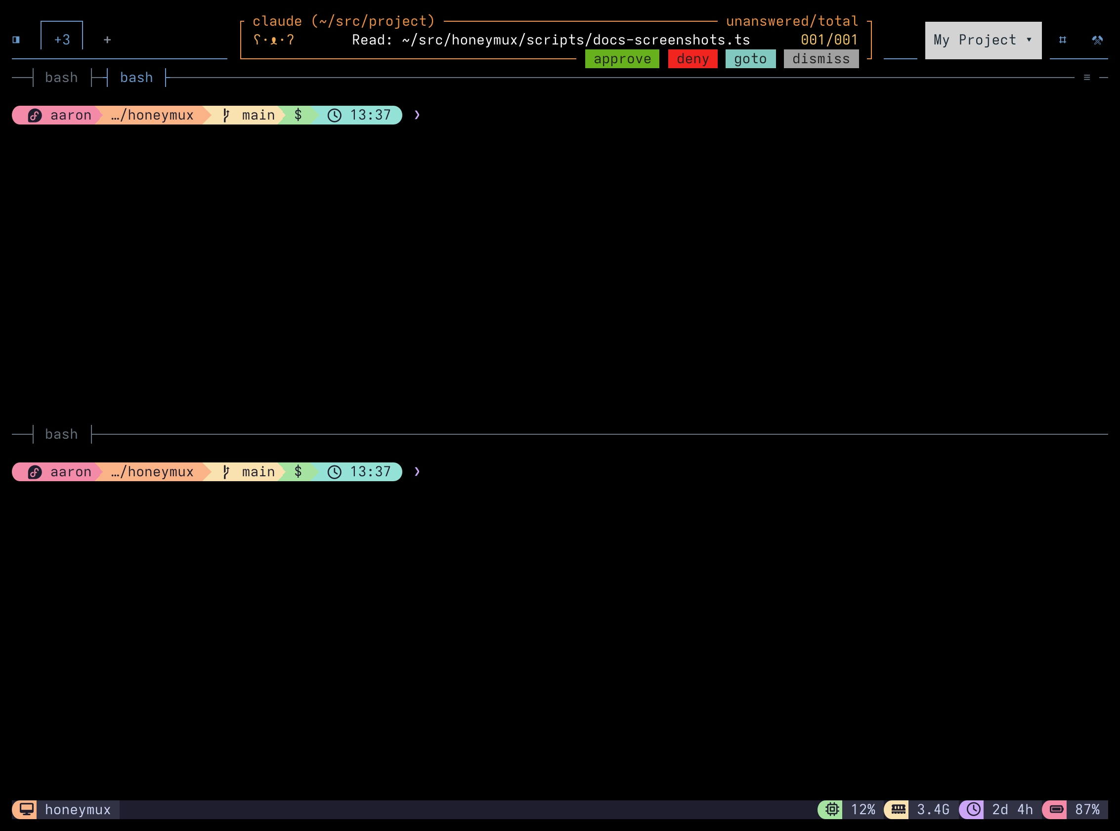 Mux-o-Tron expanded across the Tab Bar for a waiting Claude Code permission request while you're working in another pane