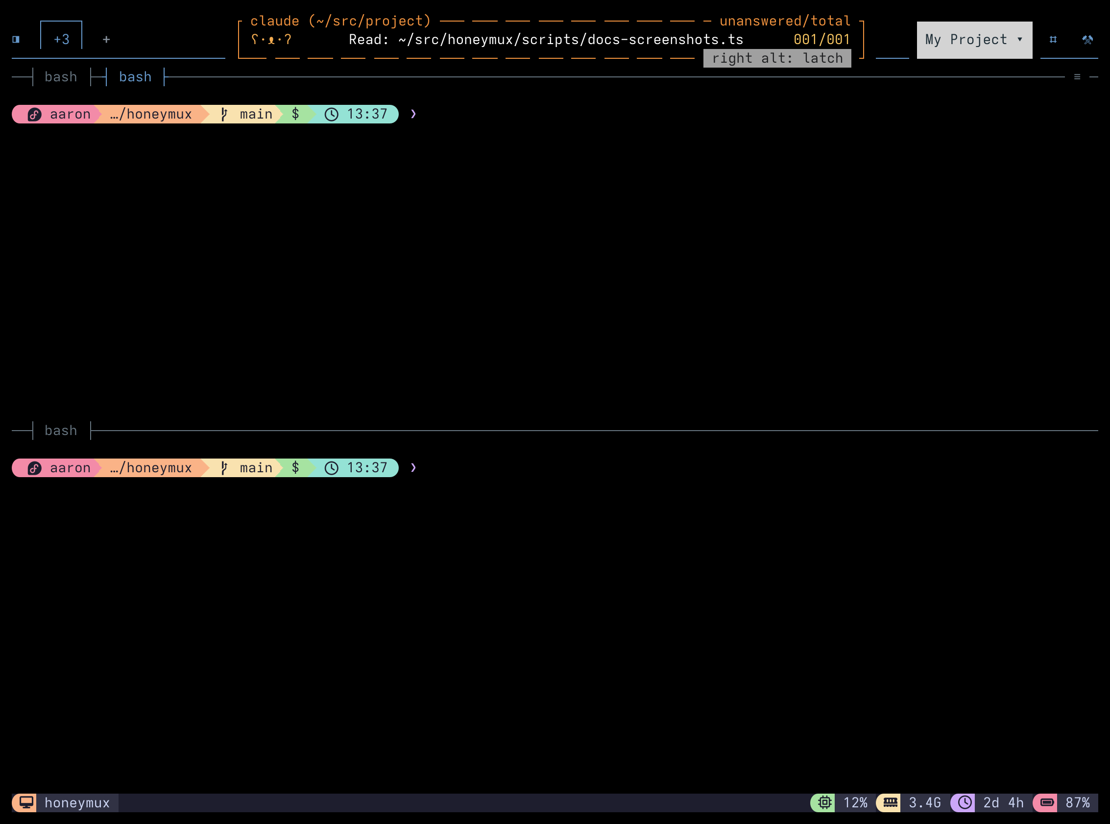 Mux-o-Tron auto-expanded for a waiting permission request, with a dashed border and a single 'right alt: latch' hint on the bottom border instead of approve/deny/goto/dismiss