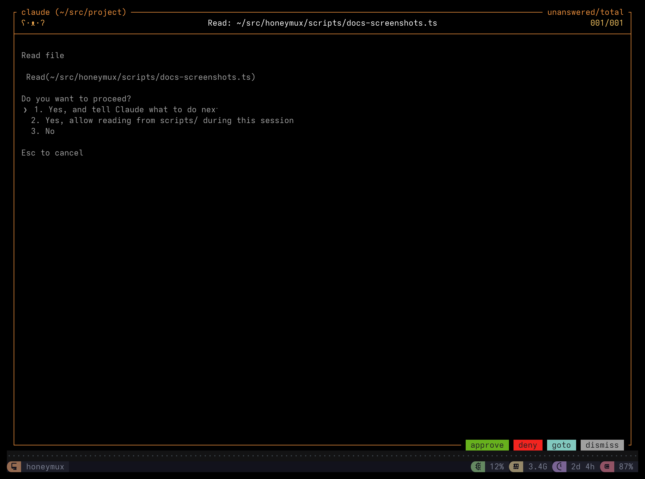 Mux-o-Tron latched from a pending permission request: full-viewport view with the agent's permission dialog rendered inside the frame and approve/deny/goto/dismiss buttons along the bottom