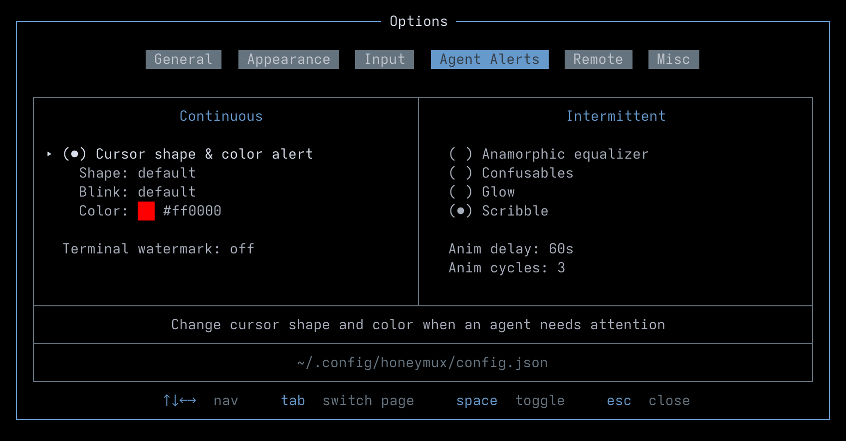Options: Agent Alerts tab